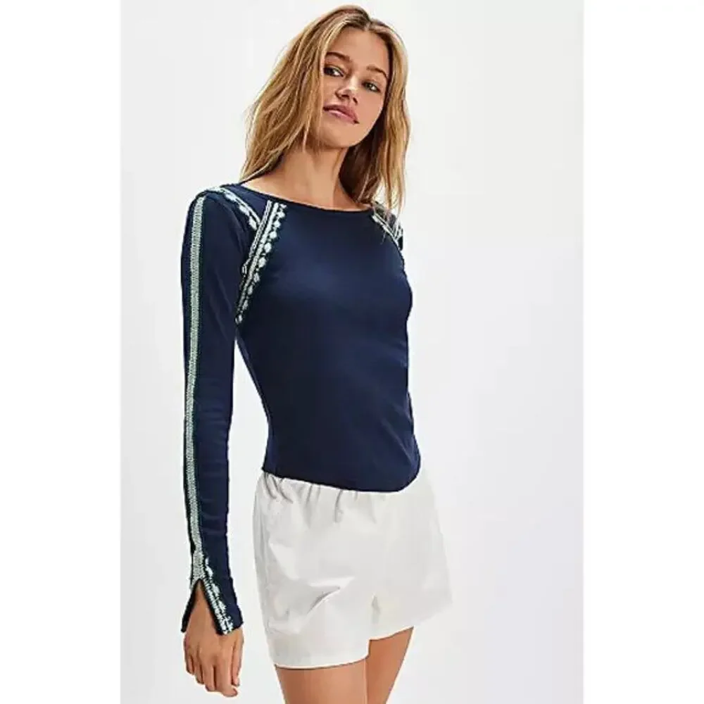 free people navy embroidered love long sleeve thermal